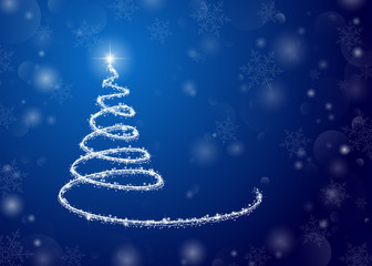 Christmas background, a glowing tree on blue. For posters, postcards, greeting, decoration on new year and Christmas.