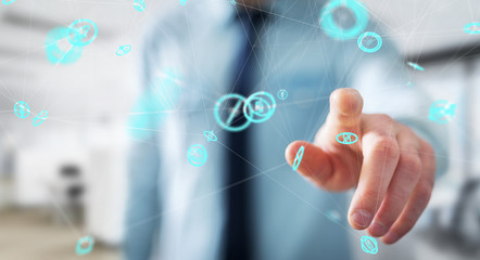 Businessman using flying network connection interface 3D rendering