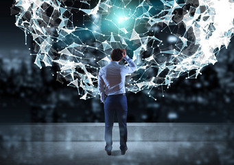 Businessman watching connection network on a rooftop 3D rendering