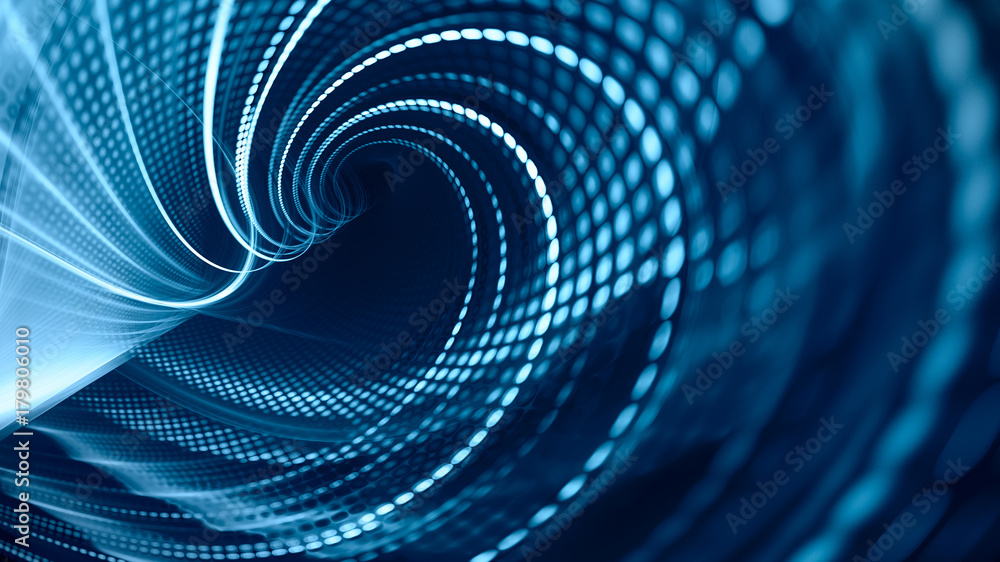 Poster Abstract blue background element on black. Fractal graphics. Three-dimensional composition of glowing lines and mosaic halftone effects. Wide format high resolution image.