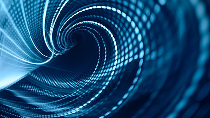 Abstract blue background element on black. Fractal graphics. Three-dimensional composition of glowing lines and mosaic halftone effects. Wide format high resolution image.