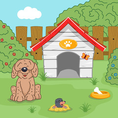 Obraz na płótnie Canvas Vector illustration of funny house for a dog, puppy with a bowl for eating.