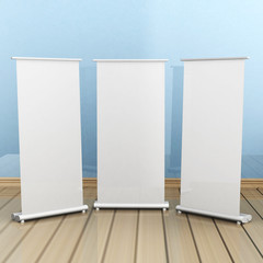 Blank white roll-up banner stand isolated on blue wall background. Include clipping paths around stand and ad banner. 3d render