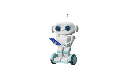 3D Animation Robot on Scooter with Smartphone and Alpha Channel looped Video on a Transparent Background
