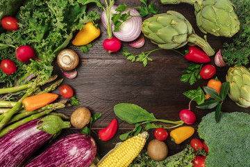 Overhead photo of vibrant fresh vegetables with copy space