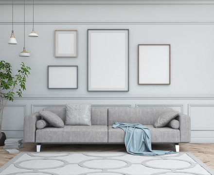 Interior design simple scene with frames. Modern scandinavian interior. 3d render studio.