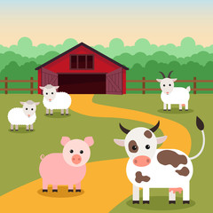 Obraz premium Cattle grazing near a farm, flat vector illustration.