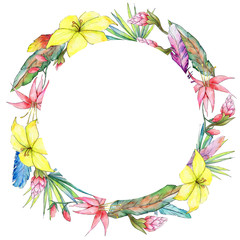 Tropical plants wreath in a watercolor style. Aquarelle wild flower for background, texture, wrapper pattern, frame or border. © yanushkov