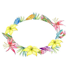 Tropical plants wreath in a watercolor style. Aquarelle wild flower for background, texture, wrapper pattern, frame or border.