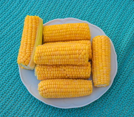 Yellow corn cobs lie on a plate