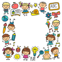 Kids drawing Kindergarten School Happy children play Illustration for kids Nursery Preschool Children icon
