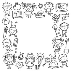 Kids drawing Kindergarten School Happy children play Illustration for kids Nursery Preschool Children icon