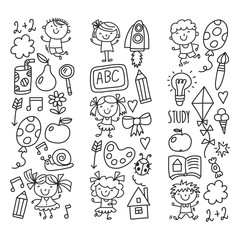 Kids drawing Kindergarten School Happy children play Illustration for kids Nursery Preschool Children icon