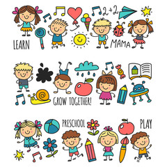 Kids drawing Kindergarten School Happy children play Illustration for kids Nursery Preschool Children icon