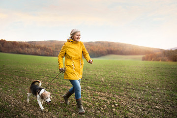 Senior woman with dog on a walk in an autumn nature. - Powered by Adobe