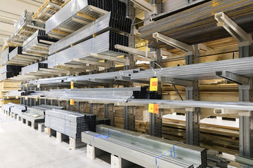 distribution warehouse shelves with metal profiles - obrazy, fototapety, plakaty