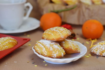 Biscuits Madeleine with orange, dusted with sugar powder.
