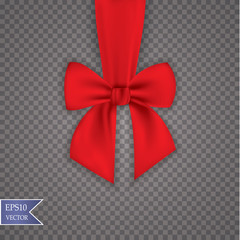 Realistic red bow and ribbon isolated on transparent background. Template for brochure or greeting card. Vector illustration.

