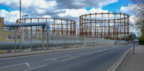 Old gasometers at Bromley by Bow, East London