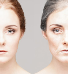 Portrait of a young and old girl. Skincare, plastic surgery, make-up and skincare concept.