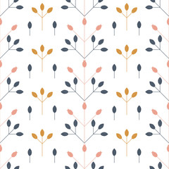 Modern vector floral seamless geometric pattern with  stylized rose hips berries and leaves in retro scandinavian style. Simple outlines with worn out texture.