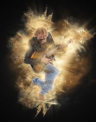 Obraz premium Woman playing electric guitar on red
