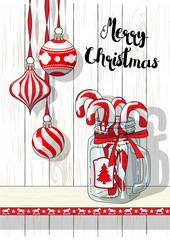 Holidays motive, Christmas decorations with vintage glass jar and candy canes, illustration
