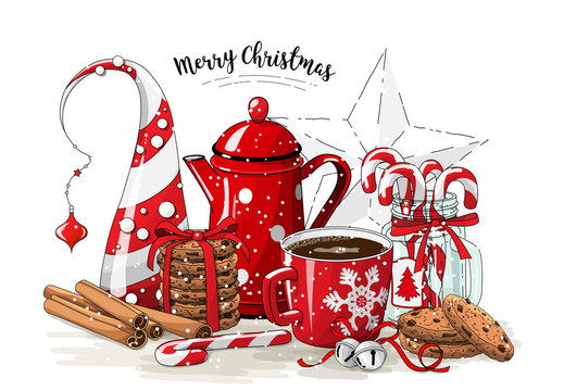 Christmas still-life, red tea pot, coolies, abstract christmas tree, glass jar with candy canes, cinnamon sticks, cup of coffee and jingle bells on white background, illustration