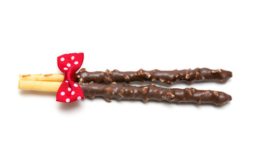 Chocolate Filled Biscuit Sticks on White Background
