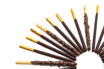 Chocolate Filled Biscuit Sticks on White Background