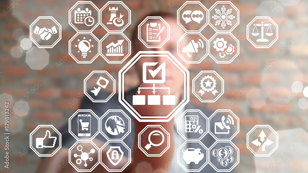 Poster businessmen using virtual touchscreen presses flowchart check mark button. structure business financ