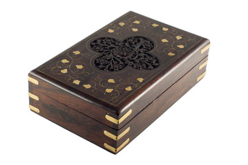 Isolated wooden box with inlay and carved pattern in Indian style
