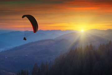 Paraglider silhouette flying in a light of colorful sunrise