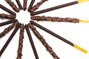 Chocolate Filled Biscuit Sticks on White Background