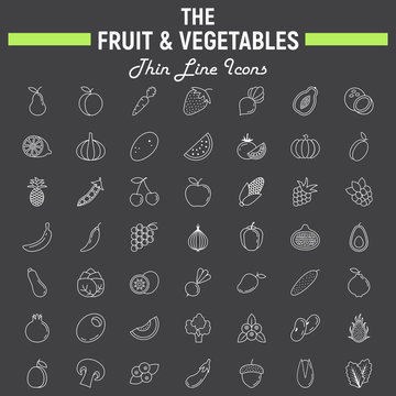 Fruit and Vegetables thin line icon set