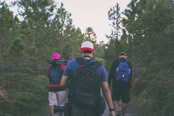 Blurry of Camping Friendship Walking Backpacker and Camp Forest Adventure Travel Remote Relax Concept