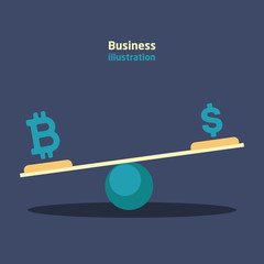 Balance with currency dollar and bitcoin currency icons with growth and recession charts.