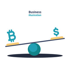 Balance with currency dollar and bitcoin currency icons with growth and recession charts.