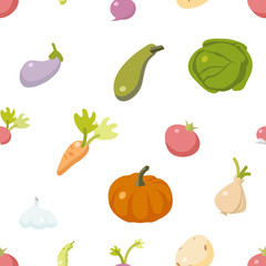 A seamless pattern of vegetables on a white background.