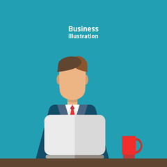 Business man is working behind a laptop with a cup.