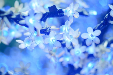 Christmas led lights in the form of flowers, blue bokeh, selected focus