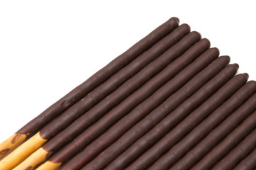 Chocolate Filled Biscuit Sticks on White Background