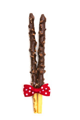 Chocolate Filled Biscuit Sticks on White Background