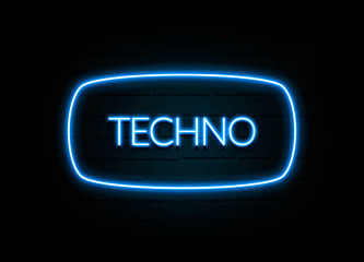 Techno  - colorful Neon Sign on brickwall
