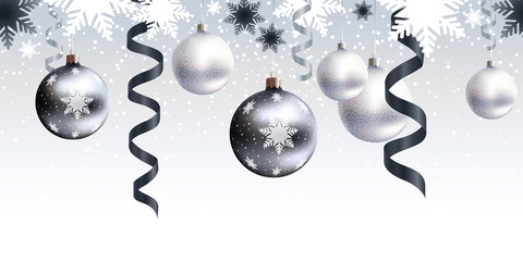 Festive Christmas decoration for website, social networks, blog or your video channel. Seamless horizontal pattern. The endless tape. Vector. EPS10. White, silver and black christmas balls, serpentine