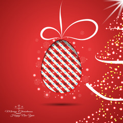 Vector poster with Christmas tree and egg with butterfly pattern cut from paper with shadow on red gradient background with snowflakes.