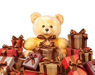 teddy bear and a lot of boxes with gifts isolated