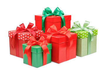 green and red gift box with a ribbon and a bow isolated