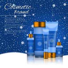Vector 3D cosmetic illustration on a winter snowing background. Beauty realistic cosmetic product design template.