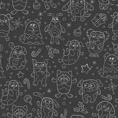 Seamless pattern on the theme of new year and Christmas, funny cartoon dogs , light outline on a dark background